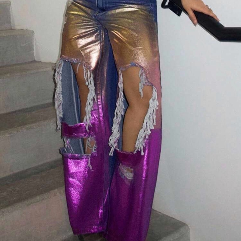 Metallic Multicolor Ripped Wide-Leg Jeans - Picture 2 of 6